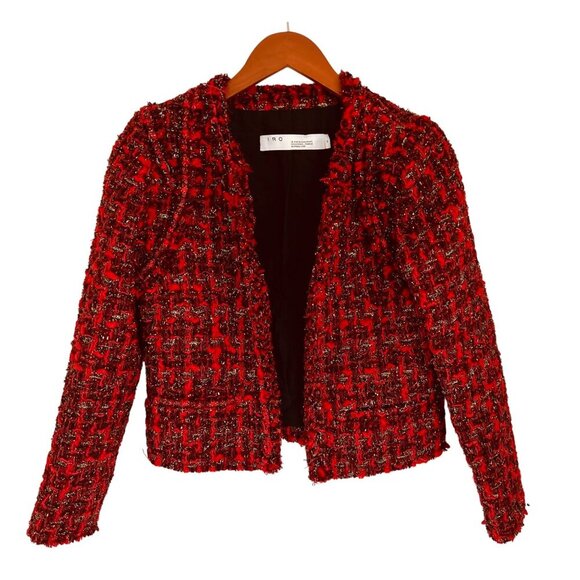 Iro Red Disco Tweed Jacket Wool Blend Red Silver Tweed Blazer Lined - Sz 4 - Picture 4 of 13